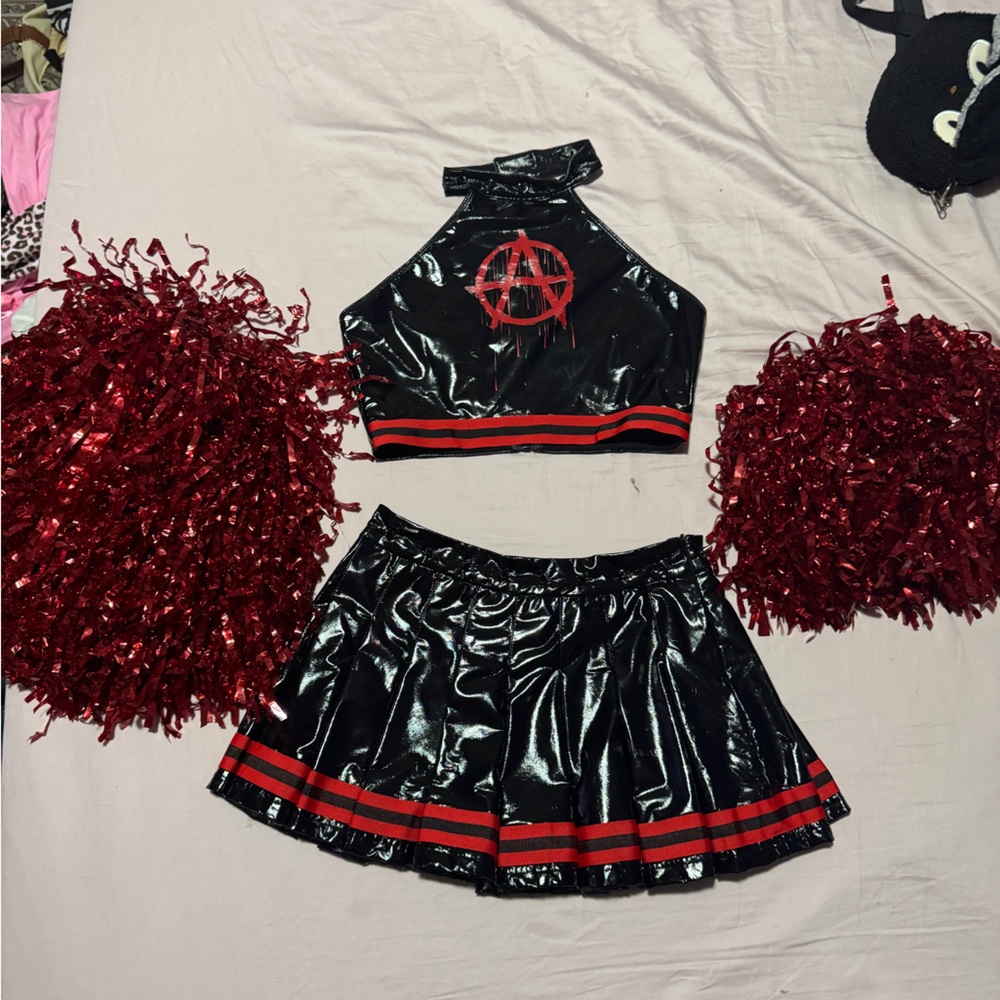 Black and Red Cheerleader Costume with Pom Poms